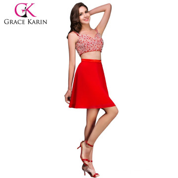 Grace Karin 2016 nuevo diseño atractivo de dos piezas Set Sequins Ball corto vestido de fiesta de fiesta rojo CL008913-1